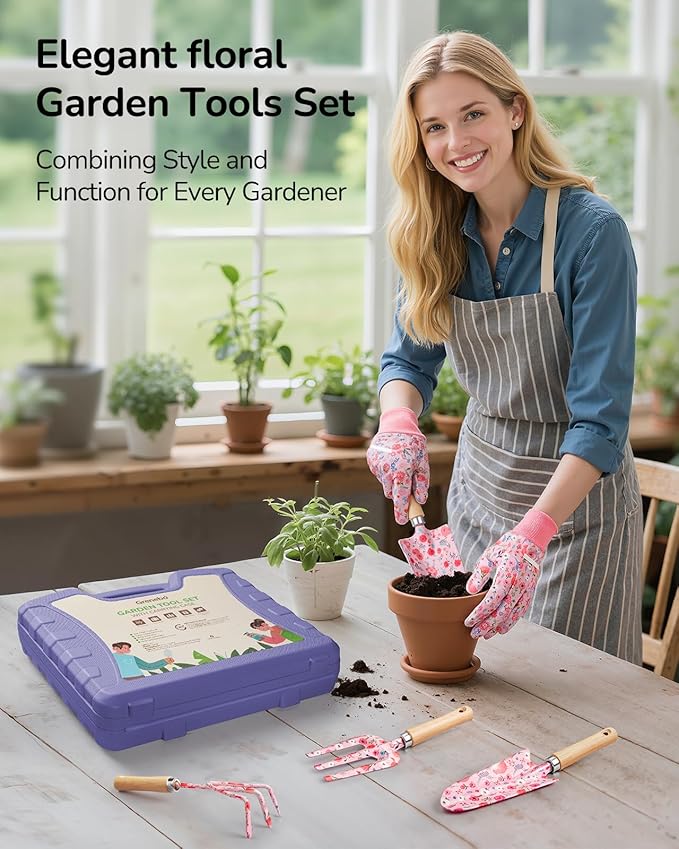 Grenebo 12-Piece Womens Gardening Tools Gift Set, Rust-Proof & Heavy-Duty Garden Tools with Durable Carrying Case, Fashionable & Thoughtful Gardening Gifts for Women&Men (Purple)