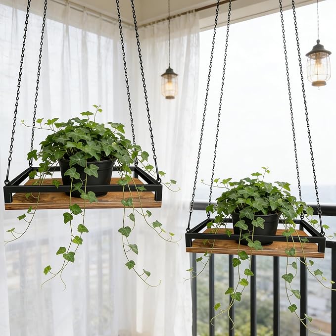 Plant Hanger Indoor, 11.8" Wooden Hanging Plant Holder with Metal Frame Hanging Planter for Indoor Plants Load 50LB Hanging Plant Shelf with 27.6" Long Chain, Ideal for Heavier Pots Ceiling(2 pack)