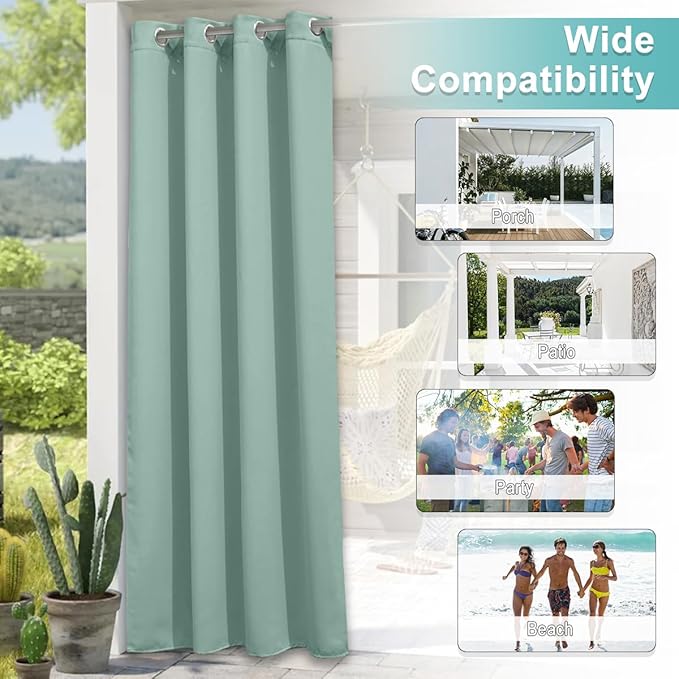 NICETOWN Outdoor Curtain for Patio Waterproof Extra Wide 100 in, Sun Blocking Vertical Blinds Thermal Insulated Stainless Grommet for Front Porch/Gazebo/Pergola, Aqua Blue, 1 Piece, 84 in L