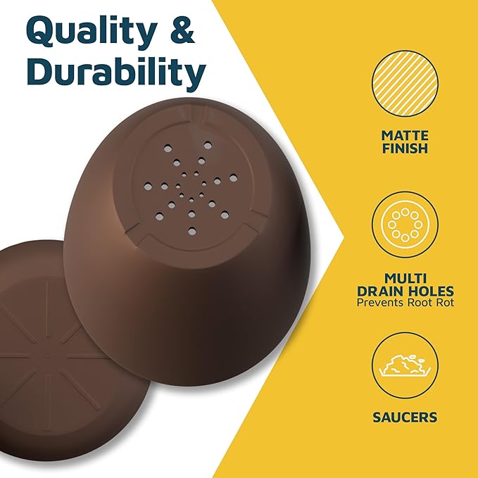Brown Plant Pots with Drainage Holes & Saucers 15 Pack, Indoor & Outdoor Stackable Space-Saving Planters for Houseplants & Flowers, (7", 6.7", 6", 5.3", and 4.8" Inches), Durable & Weatherproof