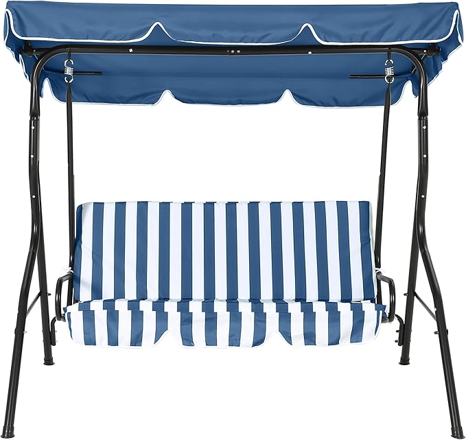Outdoor Porch Swing Chair with Adjustable Canopy & Striped Seat Cushion for Adults 3-Seat Patio Glider Bench with Thick Cushions Steel Frame Outdoor Swing Chair for Backyard Lawn Garden Blue