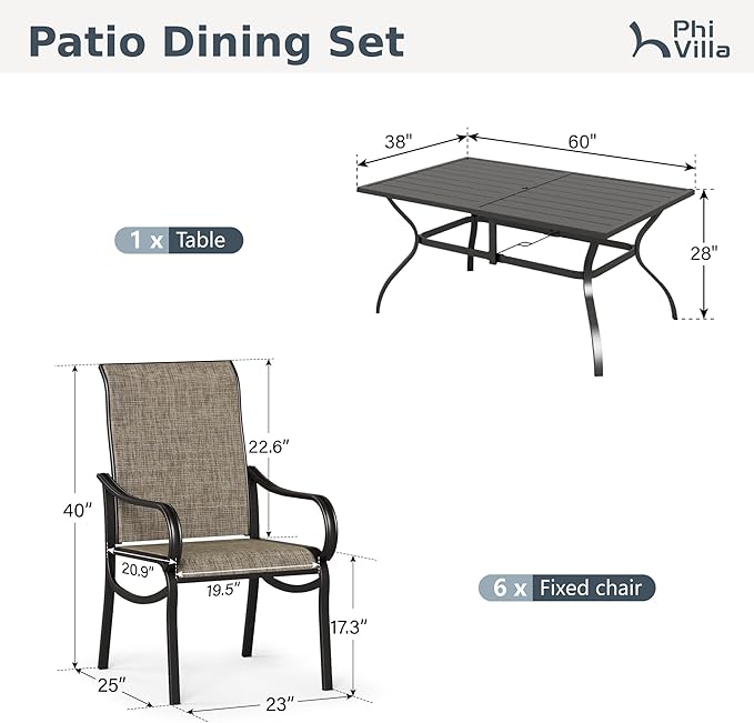 PHI VILLA Patio Dining Set for 6 Person, Rectangle Metal Table with Umbrella Holes and 6 High Back Fixed Chairs All Weather Outdoor Table and Chairs for Deck Garden Yard