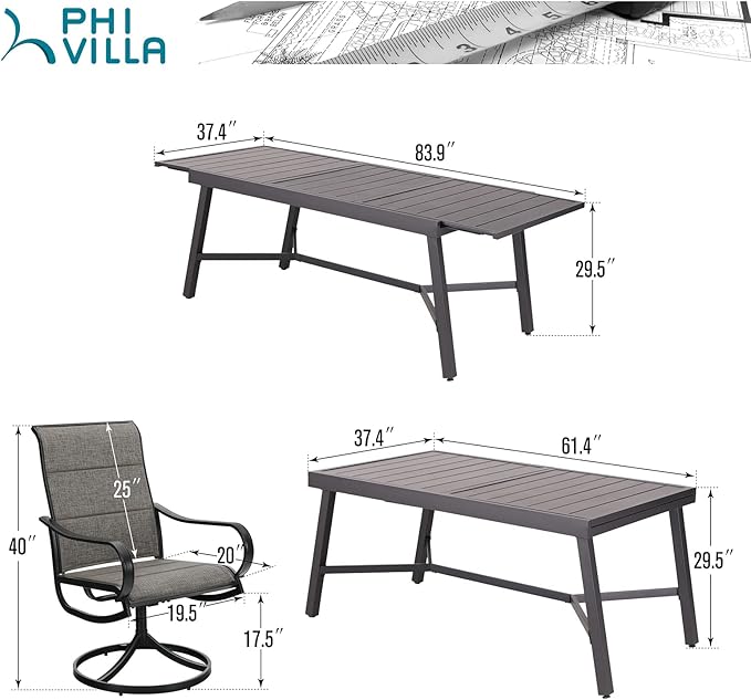 PHI VILLA 7 PCS Patio Dining Set, 6 Padded Swivel Dining Chair with Quick-Dry Cotton and 1 Extandable Metal Table,E-Coating for Rustproof for Outside, Poolside