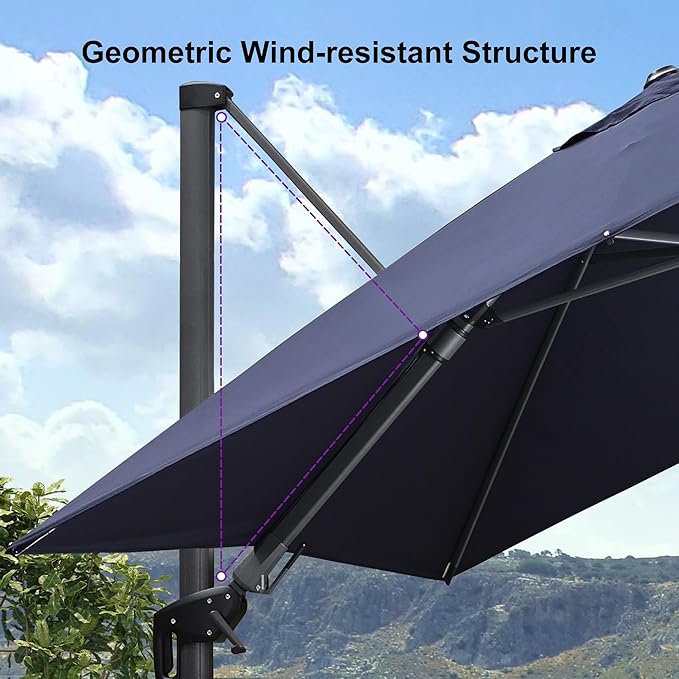 PURPLE LEAF 8' X 8' Tilting Patio Umbrella with Base Outdoor Cantilever Swivel Square Umbrella with Tilt Aluminum Offset Umbrella with 360-degree Rotation for Garden Deck Pool Patio Navy