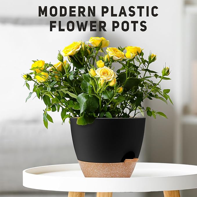 12 inch Large Self Watering Plant Pots, Flower Pots Planters with Multi Mesh Drainage Holes for Indoor Outdoor Garden Plants and Flowers.(Black)
