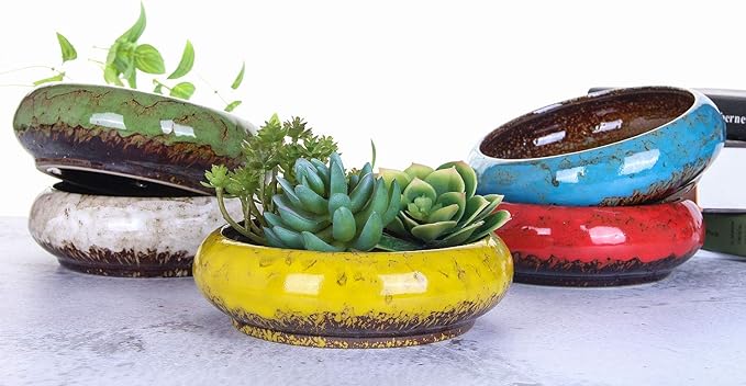 VanEnjoy 7.1 inch Round Large Shallow Succulent Ceramic Glazed Planter Pots with Drainage Hole, Bonsai Pots Garden Decorative Cactus Stand Flower Container (Red)