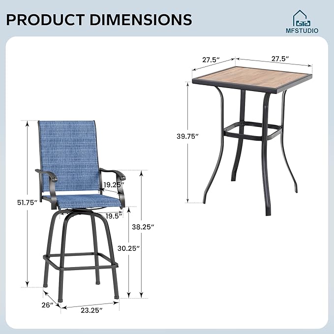 MFSTUDIO 3 Piece Outdoor Swivel Bar Set, Outdoor Bar Table and Chairs Set, Patio High Top Table and Chairs, Tall Bistro Set Patio Bar Height Table with 2 Chairs, Navy Blue
