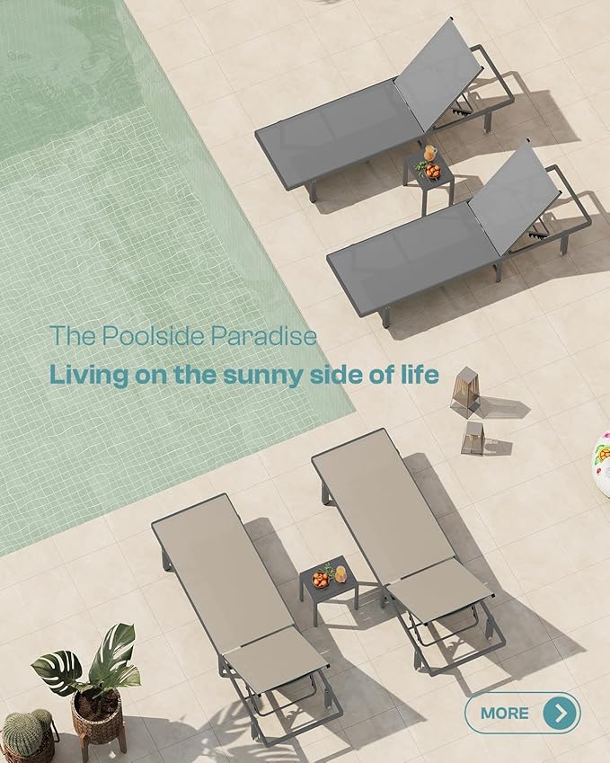 Lounge Chair Outdoor with Wheels, Aluminum Patio Chaise Lounge Chair with 5 Adjustable Backrest - Easy to Move- Pool Lounge Chairs for Deck, Beach, Poolside (Khaki