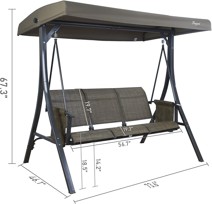 Kozyard Brenda 3-Seat Outdoor Porch Swing Glider, Patio Swing with Adjustable Canopy, Steel Frame, Breathable Textilene Seat & Back, Side Pockets (Taupe)