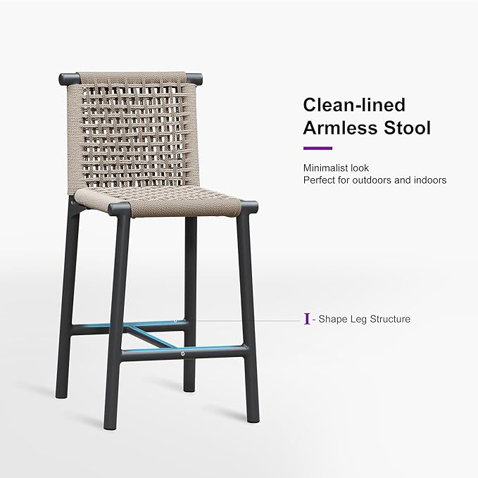 PURPLE LEAF Outdoor Counter Height Stools Set of 4 Aluminum Wicker Bar Stool with Back for Backyard Pool Lawn Kitchen Patio Metal Barstool Chairs Dark Grey