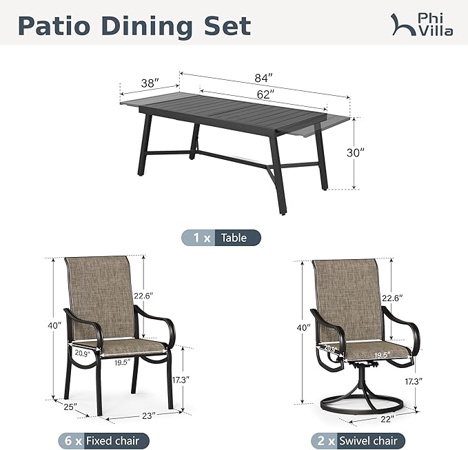 PHI VILLA 9 Piece Patio Dining Set, Expandable Table for 6-8 Person and 2 Swivel & 6 Fixed Outdoor Chairs All Weather Patio Furniture Set for Deck Garden Yard