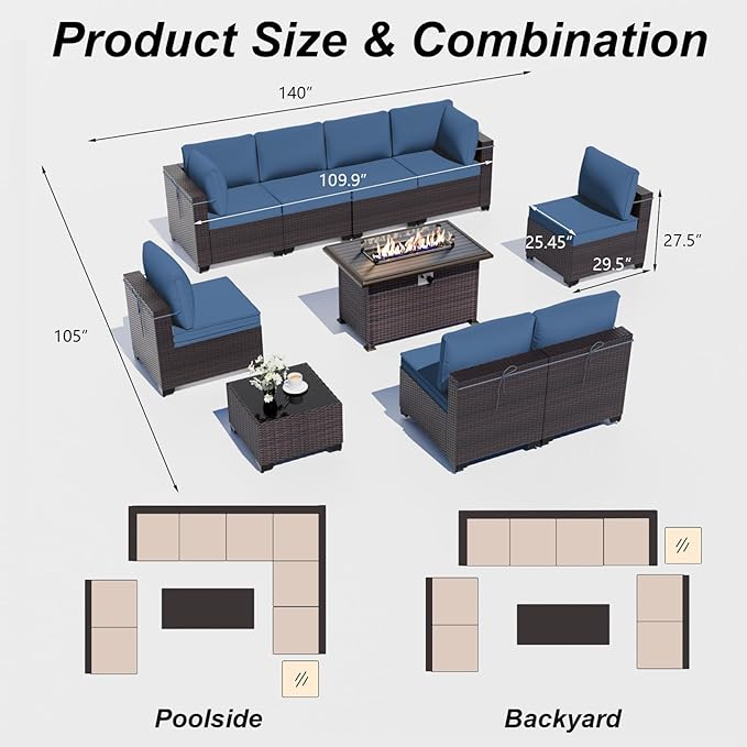 ALAULM 10 Pieces Patio Furniture Set with Propane Fire Pit Table Outdoor Sectional Sofa Sets Patio Furniture 43" Gas Fire Pit Brown PE Rattan Patio Conversation Set w/8 Seat Cushions (Deep Blue)