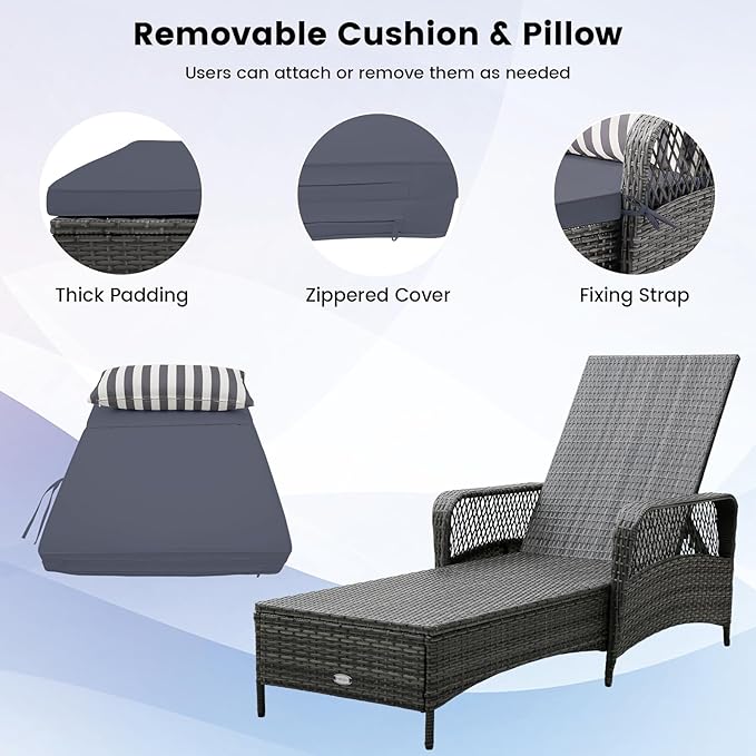 COSTWAY PE Rattan Chaise Lounge Chair, 6 Gear Adjustable Recliner with Armrest & Pillow, Wicker Outdoor Furniture for Deck, Patio (1, Dark Gray)