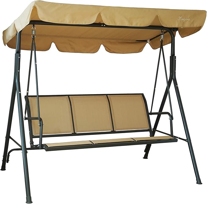 Kozyard 3-Person Outdoor Canopy Porch Swing Chair, Breathable Textilene Armrest Seat, Adjustable Shade, Heavy-Duty Powder-Coated Steel Frame Swing for Patio, Backyard, Poolside & Balcony, Beige