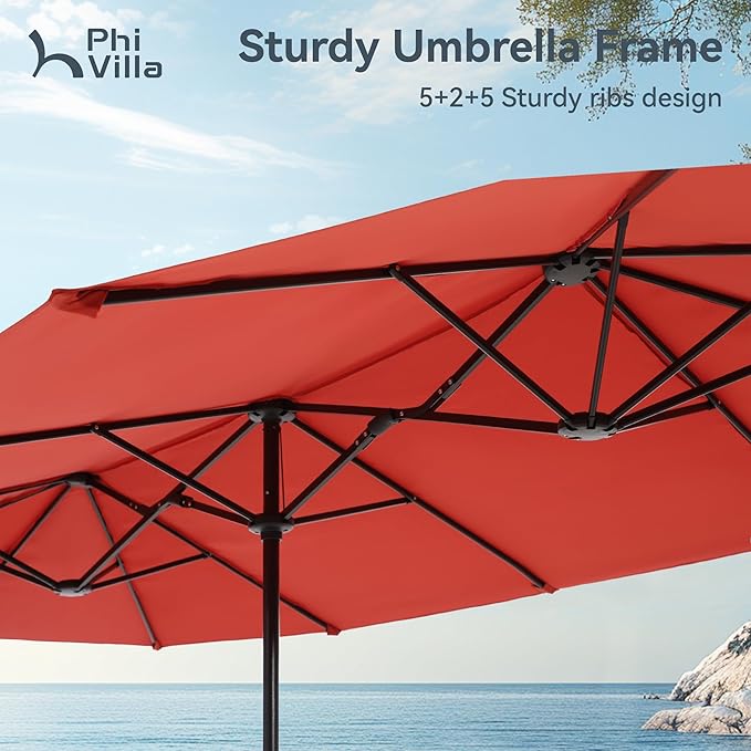 PHI VILLA 8 PCS Patio Table Chairs Set with Umbrella, 6 Swivel Outdoor Dining Chairs & 60"x 38" Rectangle Metal Table for 6 Person with 13ft Orange Red Outdoor Umbrella(No Base)