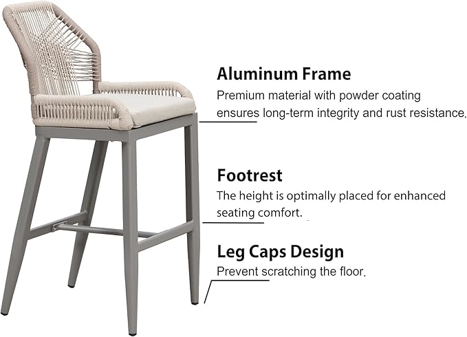 PURPLE LEAF Patio Bar Stool Counter Height Set of 4 Outdoor Rattan Chairs with Back Modern Aluminum Woven Barstools for Garden Indoor Kitchen Light Gray