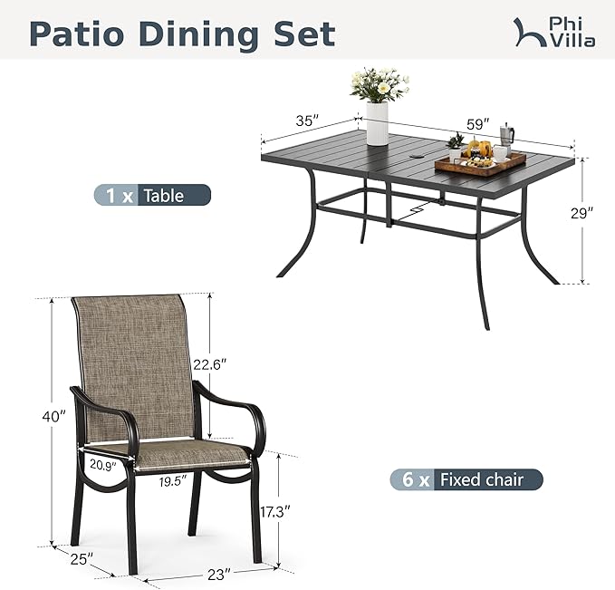 PHI VILLA Outdoor Dining Set for 6 Person, Rectangle Metal Slat Table with Umbrella Holes and 6 High Back Fixed Chairs All Weather Patio Table and Chairs for Deck Garden Yard