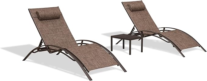 PURPLE LEAF Outdoor Oversized Chaise Lounge Chair Set of 3 Patio Pool Lounger Bronze Aluminum Chairs with Side Table Adjustable Tanning Recliner for Outside Backyard Yard Deck Balcony Beach Brown