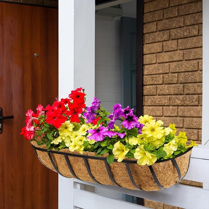 2 Pack 48 Inch Window Deck Railing Planter Boxes with Coconut Liner, Large Hanging Window Flower Boxes Metal Railing Planter for Balcony Fence Porch (2, 48 Inch)