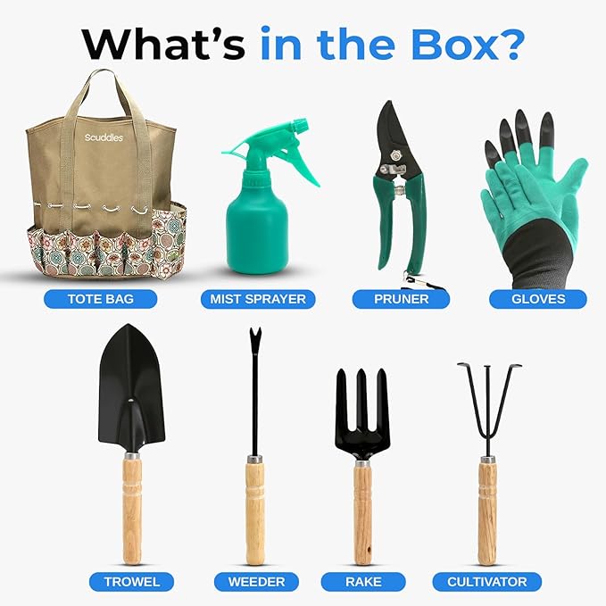 Scuddles Garden Tool Bag with 9 Piece Stainless Steel Gardening Kit | Includes Rust-Resistant Blades, Wooden Handles, Fingertip Claw Gloves & Reinforced Garden Bags | Landscaping and Planting Gift
