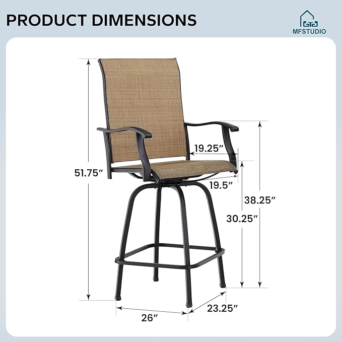 MFSTUDIO Outdoor Bar Stools Set of 2, Swivel Bar Height Patio Chairs Outdoor Barstools High Top Patio Swivel Bar Chairs, Breathable Textilene