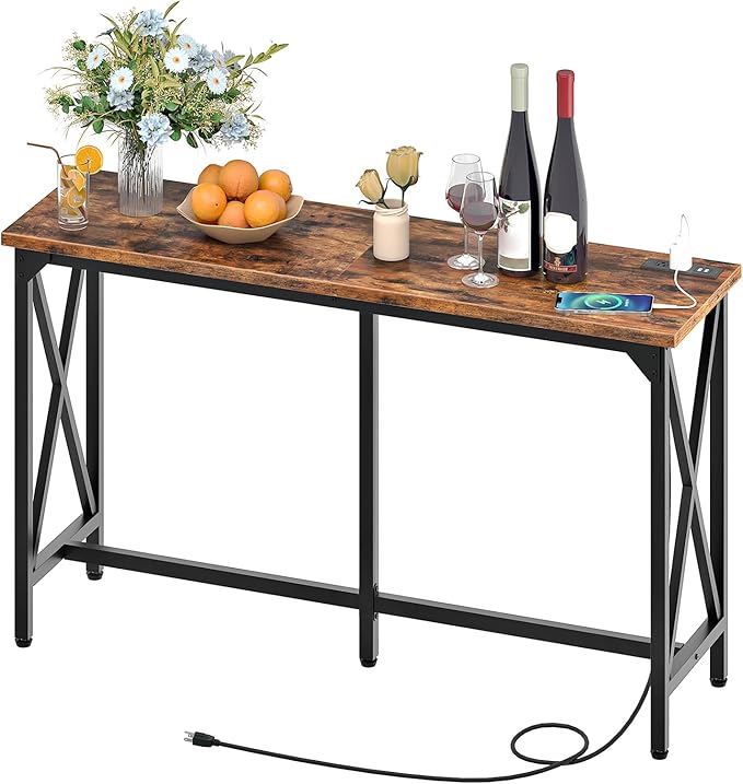 55'' Bar Table, Kitchen Dining Table with Power Outlet and Footrest, Industrial Style, for Pub, Living Room, Rustic Brown and Black TBT09UBF