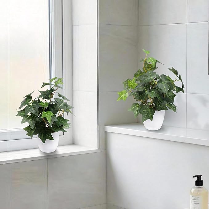alyptus Fake English Ivy Plants in Pots Set of 2 โ Realistic Artificial Ivy Greenery for Home Decor, Tabletop, Office, Shelf, Balcony or Bathroom - Green with White Pots