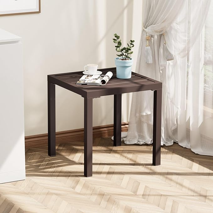 Crestlive Products Outdoor Side Table Set of 2, Small Square Metal End Table Weather Resistant Pool Side Tables for Patio Balcony(Brown)