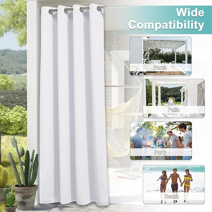 NICETOWN Outdoor Curtain for Patio Waterproof Extra Wide 84 inch, Sun Blocking Vertical Blinds Thermal Insulated Stainless Grommet for Front Porch/Gazebo/Lanai, Pure White, 1 Piece, 84 inch L