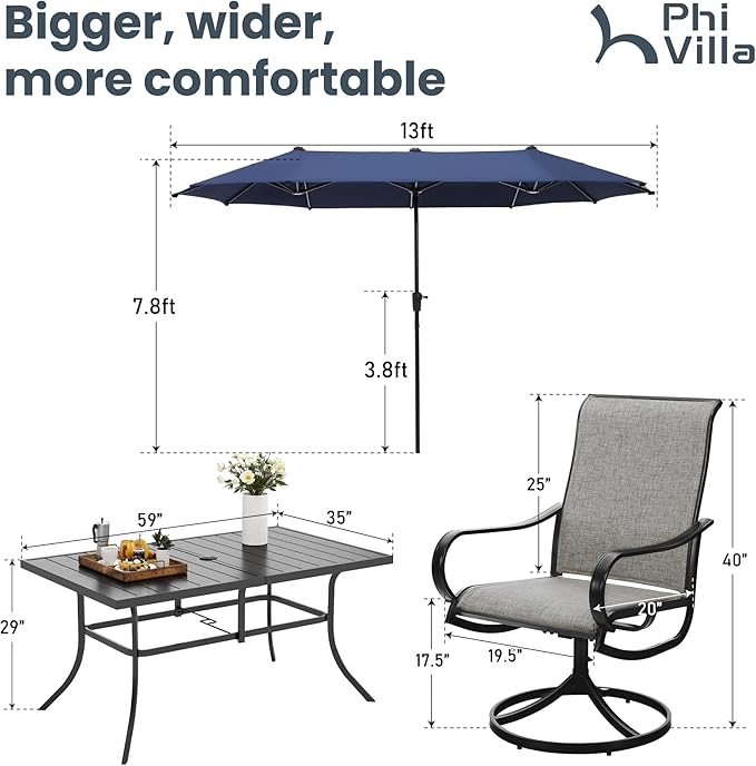 PHI VILLA 8 Piece Outdoor Furniture Patio Dining Set, 6 Swivel Textilene Fabric Dining Chairs & 1 Large Metal Table with 13ft Patio Umbrella (Blue) for Garden Backyard Poolside Deck