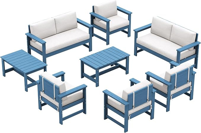 SERWALL 8 Pieces HDPE Outdoor Conversation Sofa Set with Cushions, All Weather Use Couch Loveseat Furniture with Side Table for Balcony, Deck, Poolside, Blue Frame with Khaki Cushions