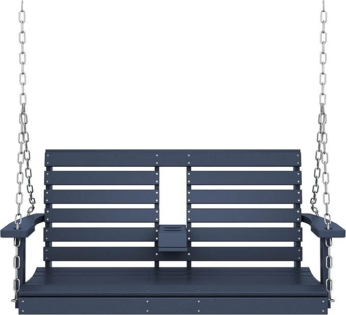 KINGYES Outdoor Hanging Porch Swing, 2 Seat Patio Swing Chair with Cup Holders, Waterproof Swing Chair Bench for Courtyard & Garden, 660LBS Weight Capacity, Blue