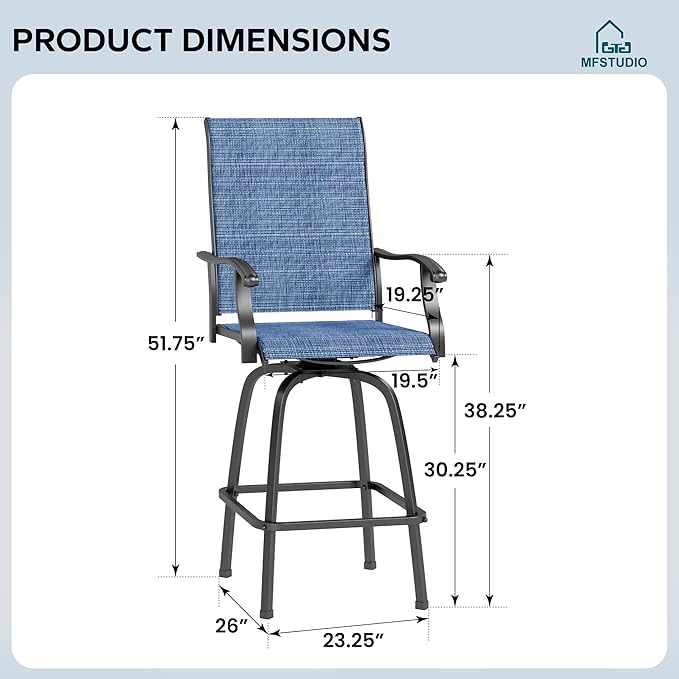 MFSTUDIO Outdoor Bar Stools Set of 6, Swivel Bar Height Patio Chairs Outdoor Barstools High Top Patio Swivel Bar Chairs, Breathable Textilene, Navy Blue