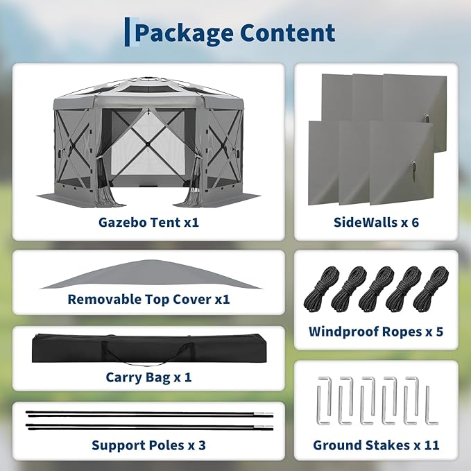 13x13FT 6-Sided Pop Up Gazebo Tent,One-Push Setup Canopy Tent with Removable Canopy Top & Wind Cloths, Outdoor shelter for Camping, Backyard Parties, Outdoor Events - Grey