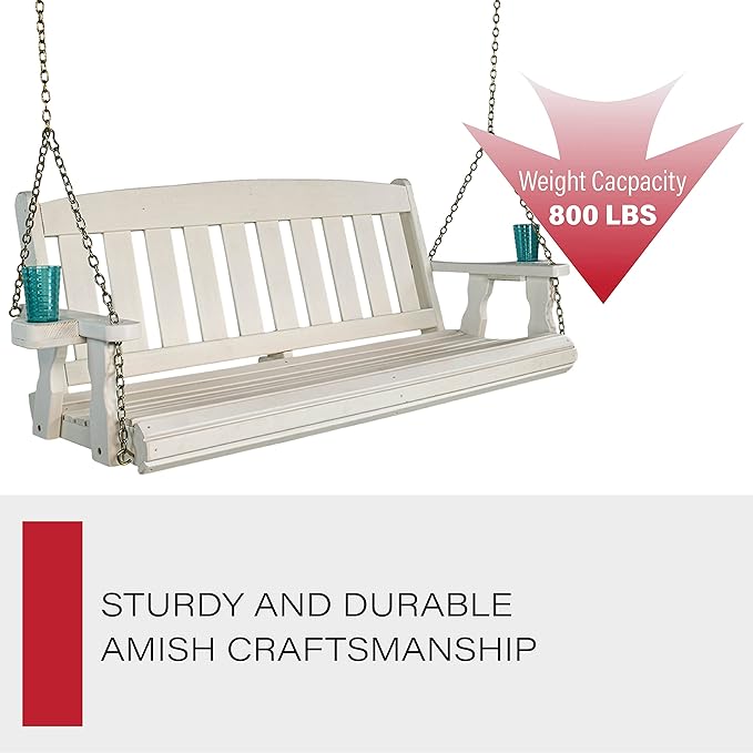 Amish Casual Heavy Duty 800 Lb Mission Treated Porch Swing with Hanging Chains and Cupholders (4 Foot, Semi-Solid White Stain)