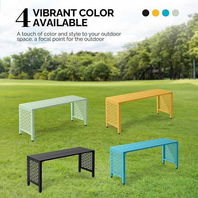 VINGLI 40in Outdoor Metal Bench, All-Weathe Backless Patio Bench with Slatted Seat&Floral Side Panels, Rust-Resistant Garden Bench, Weatherproof Outdoor Seating for Porch Entryway Backyard (Blue)