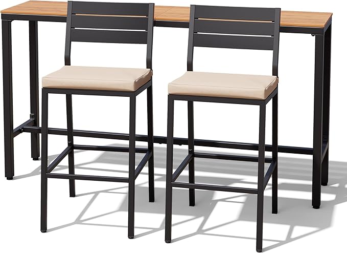 Crestlive Products Outdoor Bar Table and Chairs Set, 3 Piece Outside Patio Bar Set with 63" Long Bar Table and 2 Bar Stools for Balcony, Bistro, Garden, Backyard(Brown Desktop and Beige Cushion)
