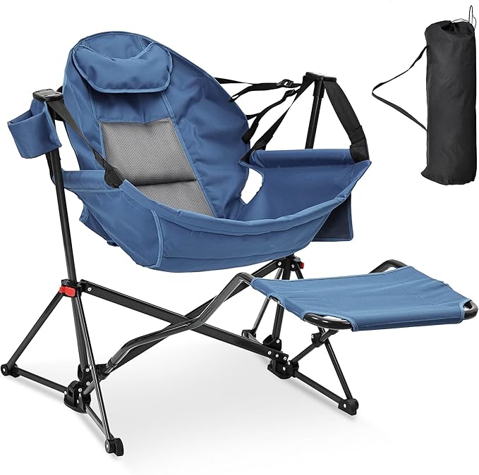 Ainfox Hammock Chair with Footrest, Oversized Swinging Portable Folding Camping Chairs for Adults Outside Swinging Camp with Cup Holder Pillow for Outdoor Patio Lawn Dark Blue