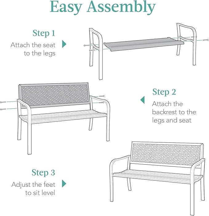 Best Choice Products Outdoor Bench 2-Person Metal Steel Benches Furniture for Garden, Patio, Porch, Entryway w/Geometric Backrest, 790lb Capacity - Taupe