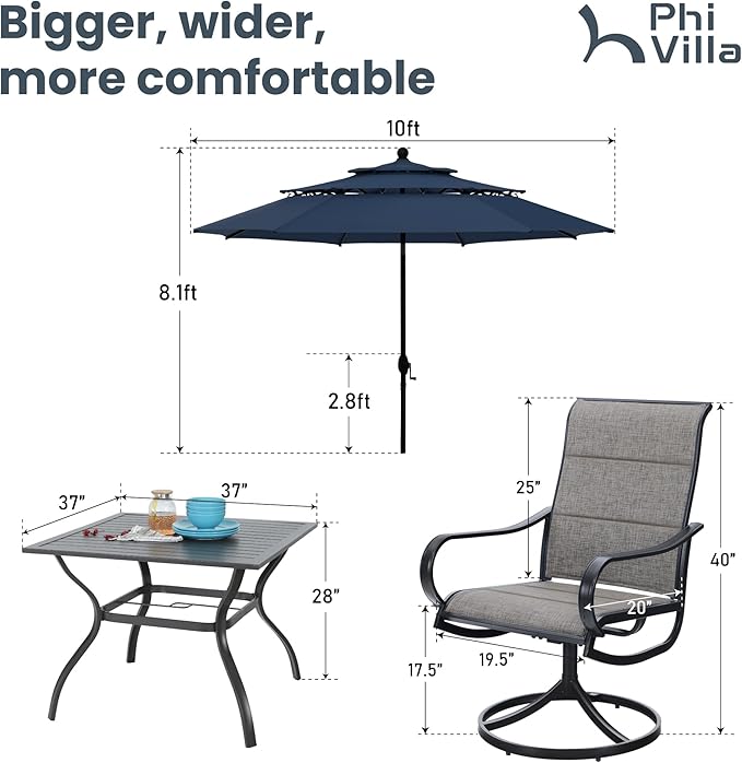 PHI VILLA Patio Dining Set with Umbrella for 4, Outdoor Table & Chairs Set with 4 Padded Swivel Patio Dining Chairs, 1 Metal Dining Table and 10ft Navy Blue Large Patio Umbrella (No Umbrella Base)