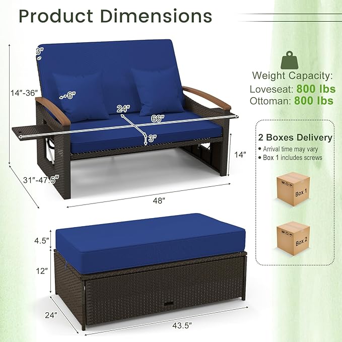 LDAILY Moccha Outdoor Wicker Daybed, Patio Rattan Loveseat Sofa w/ 4-Level Adjustable Backrest, Folding Panels, Storage Ottoman & Cushions, Lounge Furniture Set for Poolside Backyard Porch (Navy)