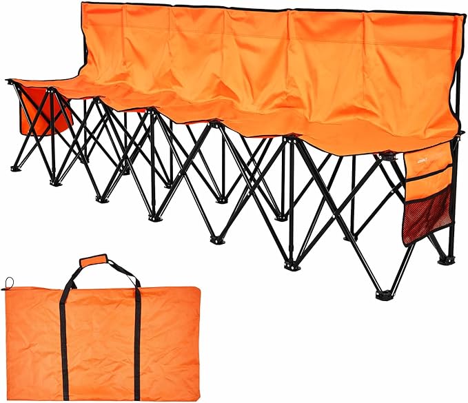 VEVOR Portable Folding Bench, 6 Seat Foldable Soccer Bench with Side Pockets and Carrying Bag, Lightweight Sideline Seating with Back Rest for Football, Baseball, Camping, Outdoor Events, Orange