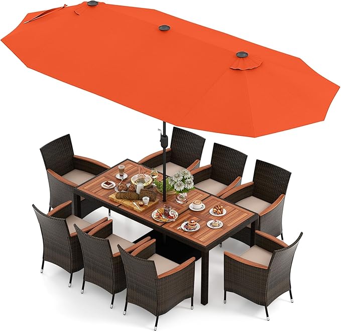 Tangkula 11 Piece Rattan Outdoor Dining Set with 15Ft Patio Umbrella for 8, Outdoor Wicker Table Set with 8 Cushioned Armchairs, Acacia Wood Top, Outdoor Umbrella with Base Included