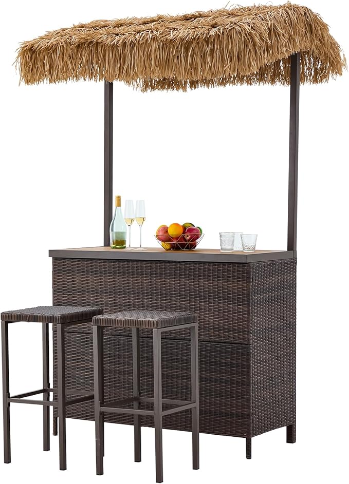 HOMREST Outdoor Tiki Bar Set, 3 Pieces Wicker Patio Bar Set w/2 Height Stools, Storage Shelf, Canopy, Plastic Wood Tabletop for Backyard Poolside Garden, Brown