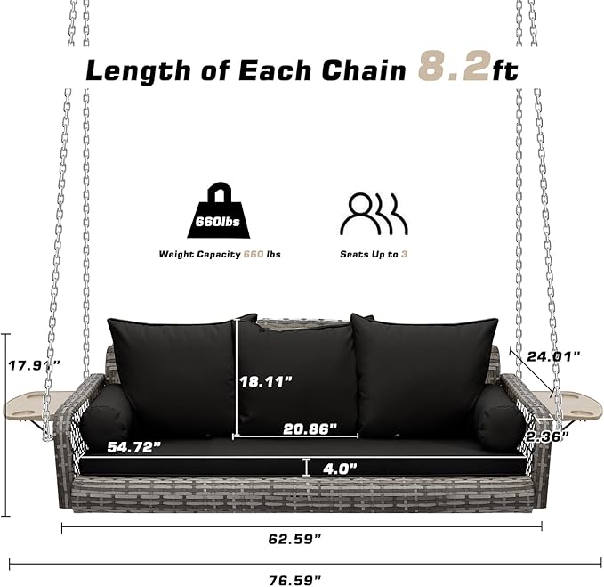 Grepatio Wicker Hanging Porch Swing - Outdoor 3 Person Patio Swing Bench with Cushion & Chains - 3-Seat Porch Swing Chair with Cup Holder for Garden, Yard, Lawn (Black Grey Rattan)