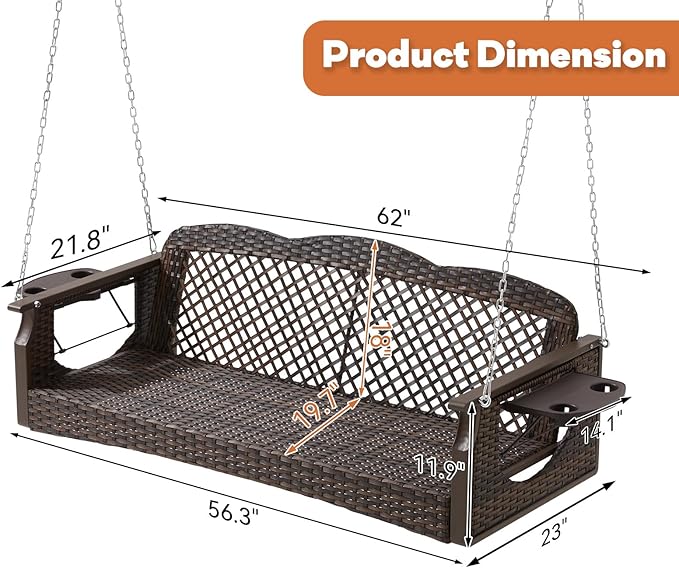 3 Seat Porch Swing, Wicker Patio Swing with Cup Holders & 3 Back Cushions, Yard Swing with Chains for Deck Garden Backyard,Brown Rattan, Lake Blue Cushion, 56-inch