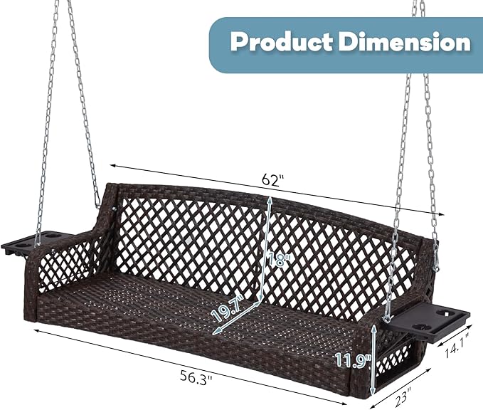 3 Seat Porch Swing, Wicker Patio Swing with Cup Holders & 3 Back Cushions, Yard Swing with Chains for Deck Garden Backyard,Brown Seagrass Rattan, Peacock Blue Cushion, 56-inch