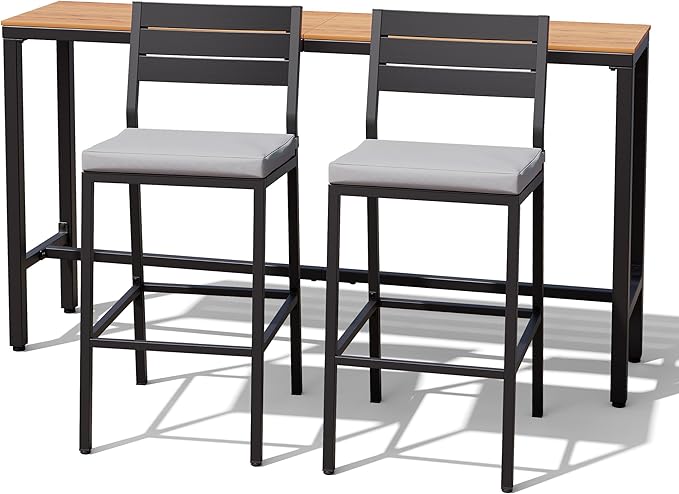 Crestlive Products Outdoor Bar Table and Chairs Set, 3 Piece Outside Patio Bar Set with 63" Long Bar Table and 2 Bar Stools for Balcony, Bistro, Garden, Backyard(Brown Desktop and Light Gray Cushion)