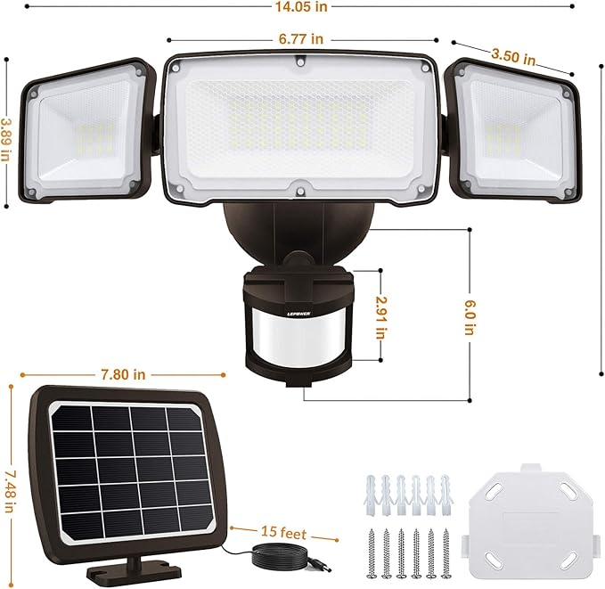 LEPOWER 1600LM LED Solar Security Lights Motion Outdoor, 5500K White Light, IP65 Waterproof Outdoor Flood Solar Light for Yard, Garage(Brown)