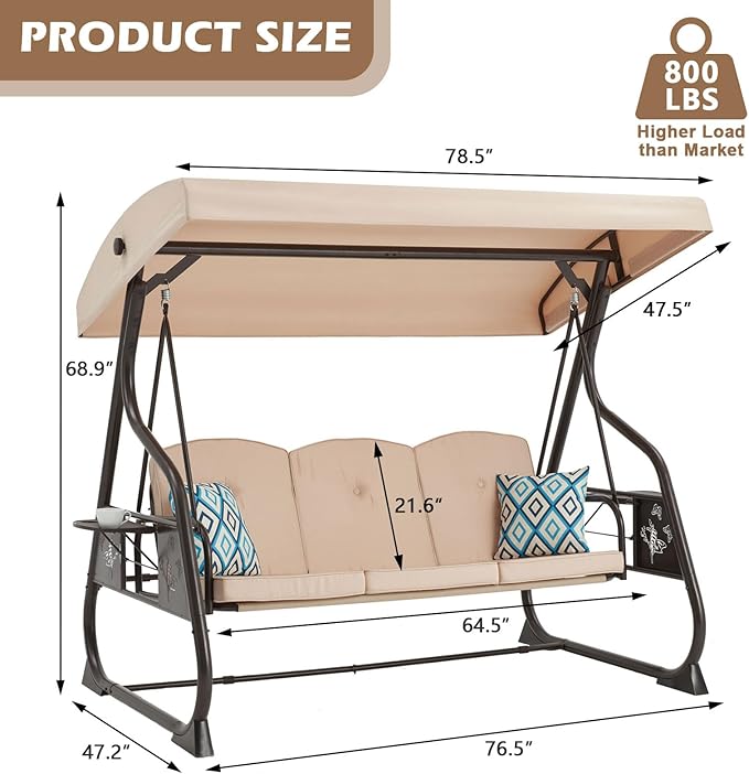 3-Seat Patio Porch Swing 800LBS Outdoor Swing with Stand w/Canopy & Adjustable Backrest Patio Glider Chair w/Removable Pillows & Foldable Side Tray for Balcony Garden Deck (Khaki)